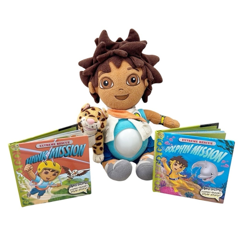 Go Diego Go Doll Plush Nightlight and 2 books Hawk Mission & Dolphin Mission